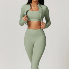 Fitness Set with Cropped Jacket and Top – High-Waisted Shorts