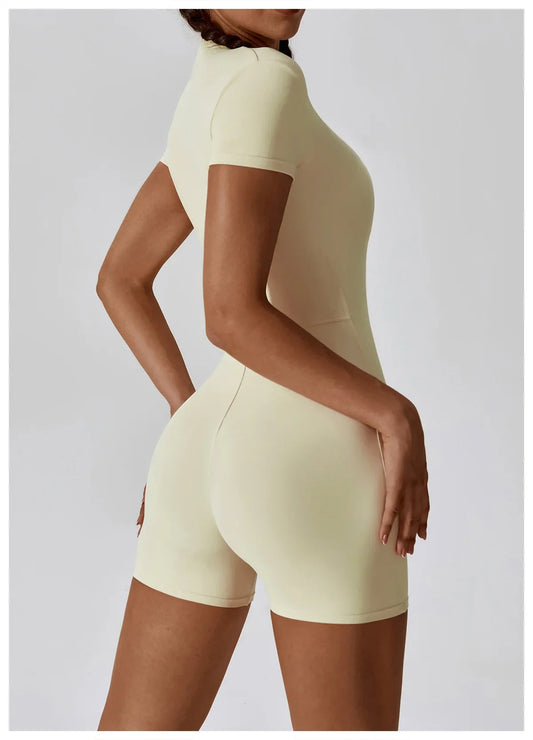 Short-Sleeve Zip-Front Fitness Jumpsuit