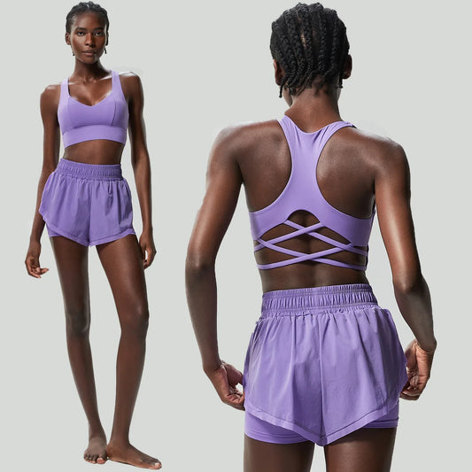 Fitness Set with Cross-Back Top and Loose-Fit Shorts