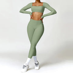 Fitness Set with Square Neck Top and High-Waisted Shorts