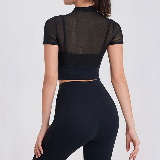 Fitness Set with Short Sleeve Mesh Top and Leggings