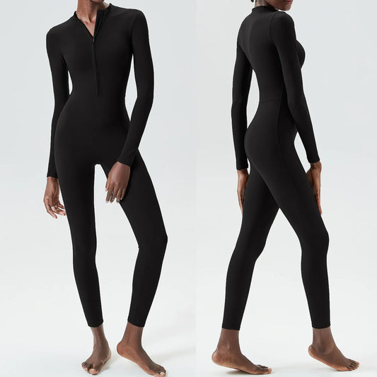 Fitness Jumpsuit with Front Zip and Fitted Waist